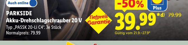 PARKSIDE Tiefpreis Akku-Drehschlagschrauber 20 V Garantie