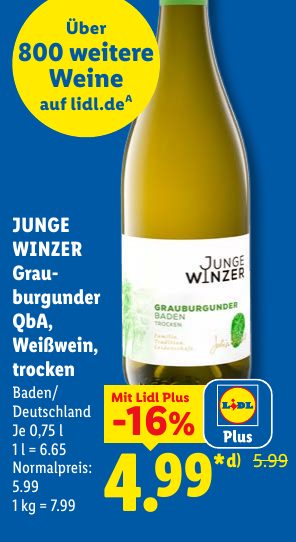 JUNGE WINZER Grau burgunder QbA, Weißwein, trocken