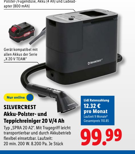 SILVERCREST Akku-Polster- und Teppichreiniger 20 V/4 Ah
