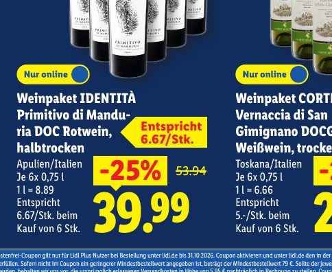 Weinpaket IDENTITÀ Primitivo di Mandu- Entspricht ria DOC Rotwein, 6.67/Stk. halbtrocken