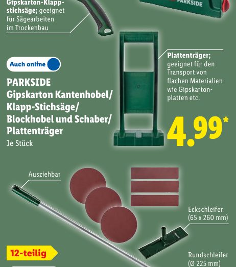 PARKSIDE Gipskarton Kantenhobel/ Klapp-Stichsäge/ Blockhobel und Schaber/ Plattenträger