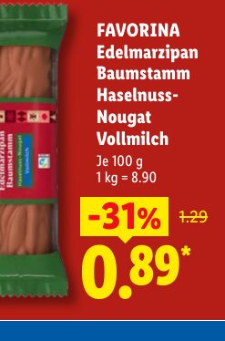 FAVORINA Edelmarzipan Baumstamm Haselnuss Nougat Vollmilch