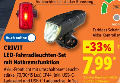 CRIVIT LED-Fahrradleuchten-Set mit Notbremsfunktion