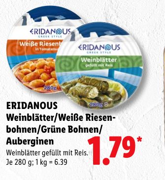ERIDANOUS Weinblätter/Weiße Riesen bohnen/Grüne Bohnen/ Auberginen