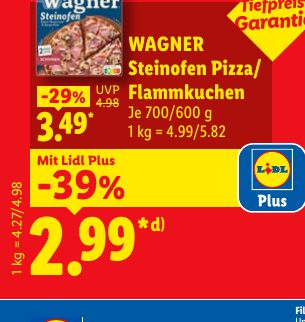 WAGNER Steinofen Pizza/ Flammkuchen -29% UVP 4.98