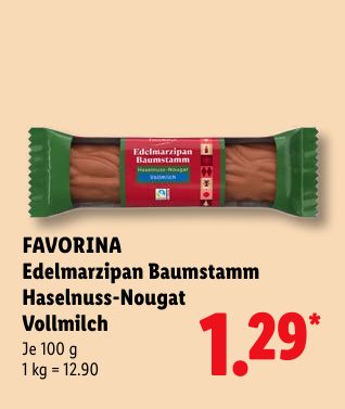 FAVORINA Edelmarzipan Baumstamm Haselnuss-Nougat Vollmilch
