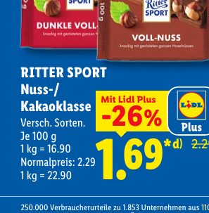 RITTER SPORT Nuss-/ Mit Lidl Plus Kakaoklasse