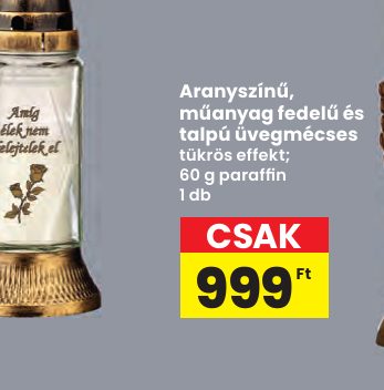 Aranyszínű, műanyag fedelű és talpú üvegmécses