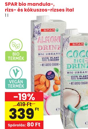 SPAR bio mandula-, rizs- és kókuszos-rizses ital