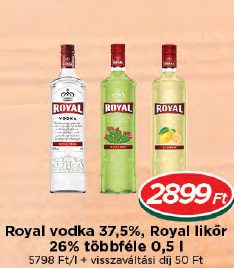 Royal vodka 37,5%, Royal likőr 26% többféle 0,5 l