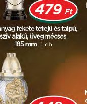 Műanyag fekete tetejű és talpú, szív alakú üvegmécses