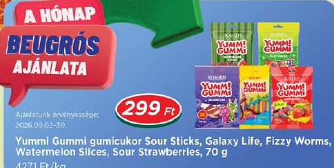 Yummi Gummi gumicukor Sour Sticks, Galaxy Life, Fizzy Worms, Watermelon Slices, Sour Strawberries