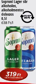 Soproni Lager sör alkoholos, alkoholmentes dobozos