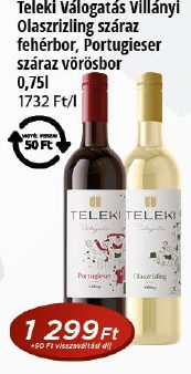 Teleki Válogatás Villányi Olaszrizling száraz fehérbor, Portugieser száraz vörösbor