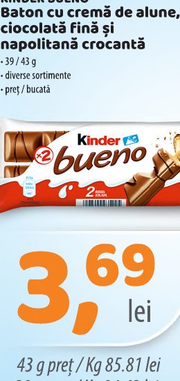 Kinder Bueno Baton Cu Cremă De Alune, Ciocolată Fină și Napolitană Crocantă