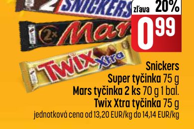 Snickers Super tyčinka 75 g Mars tyčinka 2 ks 70 g 1 bal. Twix Xtra tyčinka 75 g