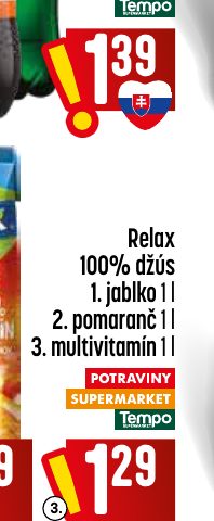 Relax 100% džús 1. jablko 1 l 2. pomaranč 1 l 3. multivitamín 1 l