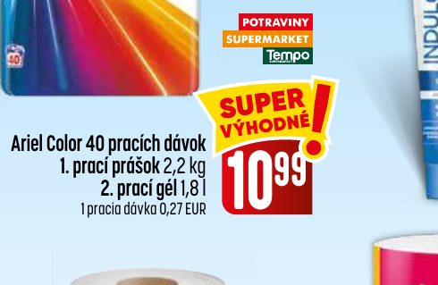 Ariel Color 40 pracích dávok 1. prací prášok 2,2 kg 2. prací gél 1,8 l