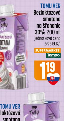 TOMU VER Bezlaktózová smotana na šľahanie 30% 200 ml